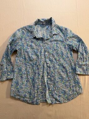 Vintage Izod Blue Floral Button Down Shirt Cottagecore Preppy Liberty Style PM